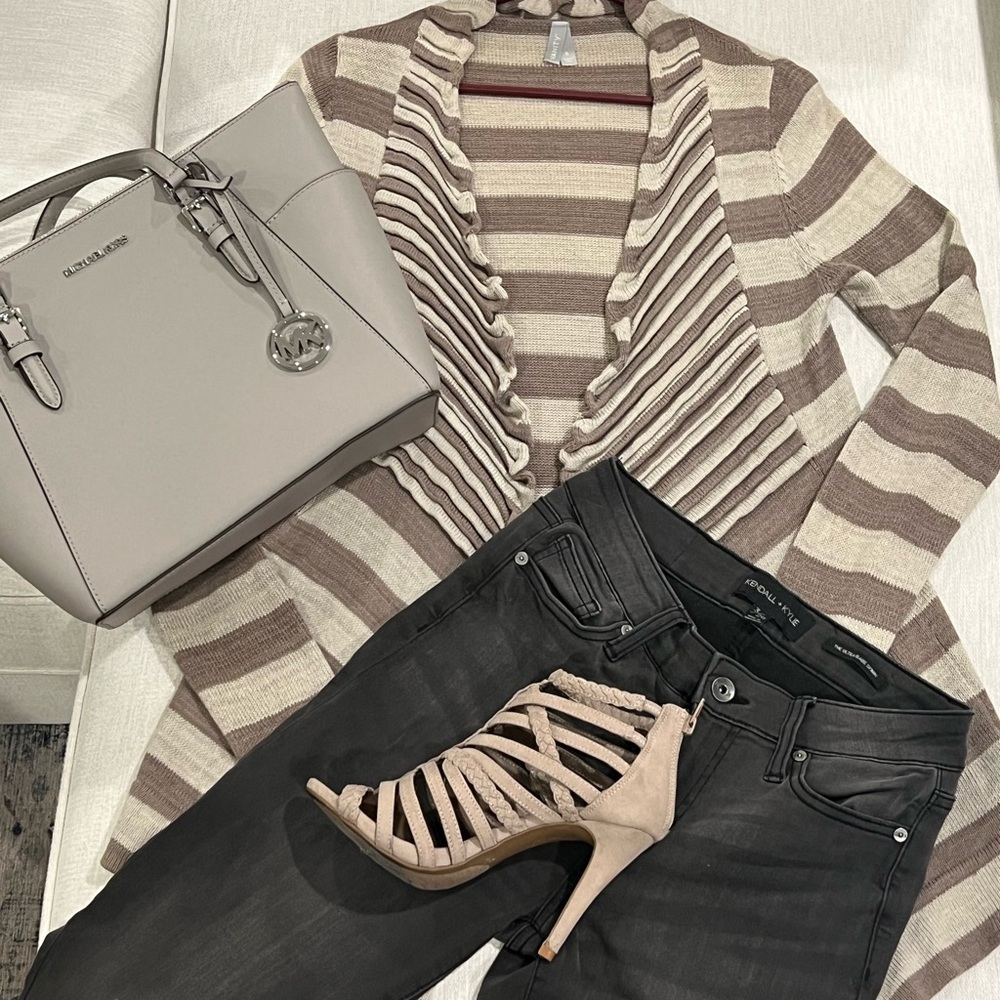 Striped Brown and Cream Women's Sweater - Picture 3 of 7